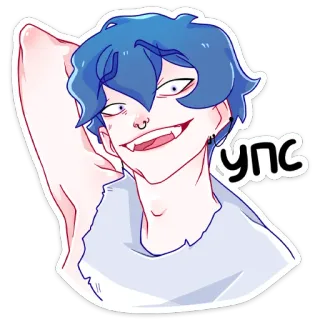 😊 упс Sticker, Estilo anime, Cabelo azul, Piercing, Presas, Personagem de desenho animado, Menino whatsapp sticker
