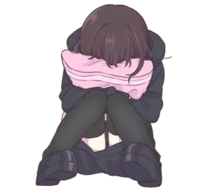 ☹️ anime, dziewczyna, smutny, płacząca, przytulanie, poduszka, kawaii telegram sticker