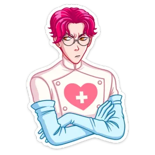 🙅‍♂ sticker, cartoon, charakter, rosa haare, weißer kittel, herz, kreuz, medizinisch, arzt telegram sticker