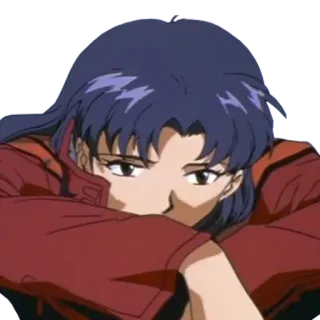 🥺 Misato Katsuragi Neon Genesis Evangelion anime, character, expression, pensive, thinking, Misato Katsuragi, Evangelion telegram sticker