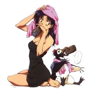 🚿 Misato Katsuragi Neon Genesis Evangelion 애니메이션, 여자, 펭귄, 수건, 마시는, 만화 telegram sticker