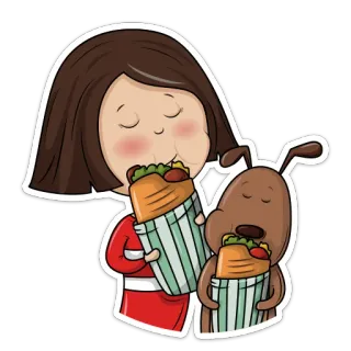 🍔 meisje, hond, sandwich, eten, cartoon, eten telegram sticker