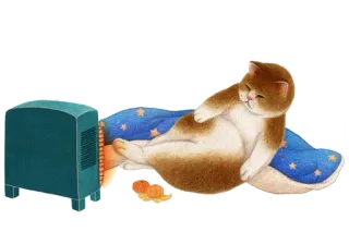 🏡 고양이, 만화, 게으른, 주황색, 편안한, 베개, 침대, 히터 telegram sticker