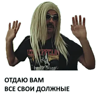 🤷‍♂️ ОТДАЮ ВАМ ВСЕ СВОИ ДОЛЖНЫЕ man, wig, led zeppelin, giving up, surrender telegram sticker
