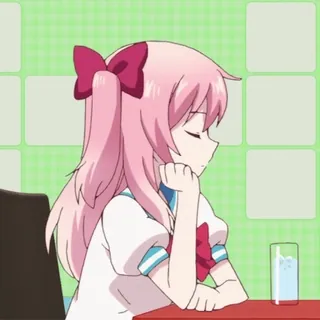 😐 anime, dziewczyna, różowe włosy, kokarda, myśli, smutny telegram sticker