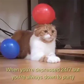 🙃 When you're depressed 24/7 but you're always down to party kot, balon, impreza, przygnębiony, mem telegram sticker