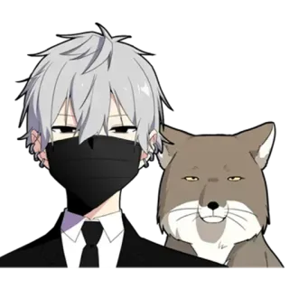 😶 anime style, male, fox, gray hair, black mask, earrings telegram sticker