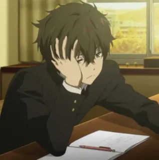 🖤 Houtarou Oreki Hyouka anime, student, znudzony, szkoła, biurko, myślenie, manga telegram sticker
