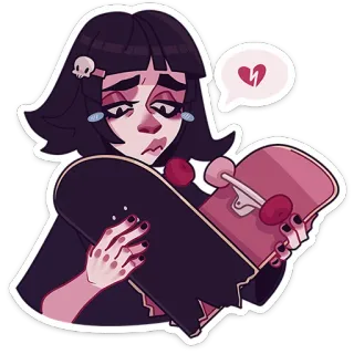 💔 Скейтборд, сломанный, грустный, девушка, эмоциональный, разбитоесердце, скейтер, иллюстрация telegram sticker