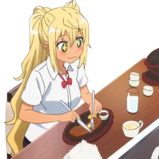 🍽 аниме, девушка, ест, стейк, стол telegram sticker