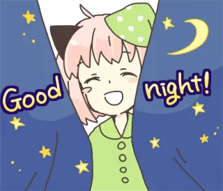 👋 Anya Forger Spy x Family Good night! anime, boa noite, sonolento, estrelas, lua, cortinas, Anya, Spy x Family telegram sticker