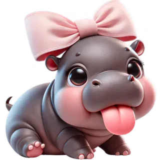 😛 hipopotam, kreskówka, zwierzę, słodki, kawaii, różowa kokarda, hipopotam niemowlę telegram sticker