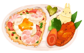 🐰 comida, bento box, camarão, ovo, coelho, desenho animado, almoço telegram sticker