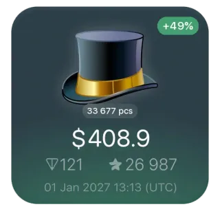 🎩 +49%
33 677 pcs
$408.9
121
26 987
01 Jan 2027 13:13 (UTC) 帽子, 高礼帽, 钱, 金融, 未来, 投资 telegram sticker