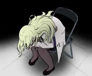 😔 anime, vrouwelijk, verdrietig, blond, zittend, stoel whatsapp sticker