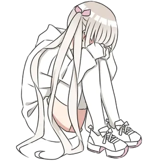 😔 gadis anime, sedih, rambut putih, duduk, kesepian, kawaii telegram sticker