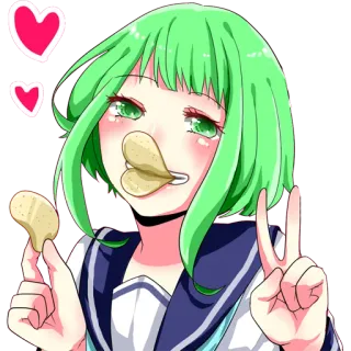 ✌ Anime Mädchen, Kartoffelchips, Friedenszeichen, Herz, Grünes Haar, Kawaii telegram sticker