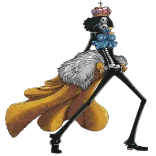 🕺 Brook One Piece scheletro, corona, anime, personaggio, re, cappotto telegram sticker