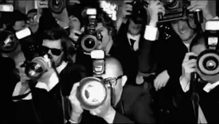 ☺️ paparazzi, photographers, cameras, media, flash, black and white, crowd, photography, celebrity, event telegram sticker