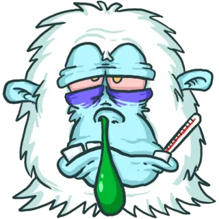 😷 yeti, enfermo, termómetro, dibujos animados, monstruo, resfriado, gripe telegram sticker