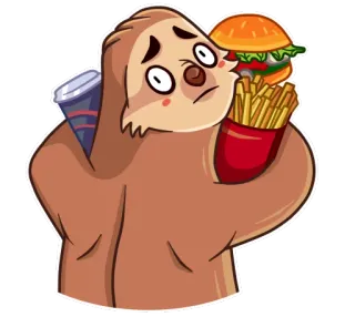 🍟 bicho-preguiça, hambúrguer, batatas fritas, bebida, comida, desenho animado, adesivo telegram sticker