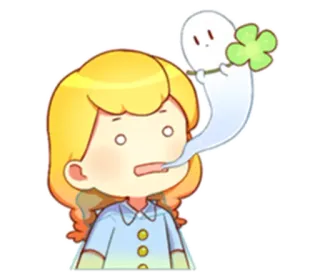👻 漫画, 女の子, 幽霊, 四つ葉のクローバー, 幸運, かわいい, カワイイ, 面白い whatsapp sticker