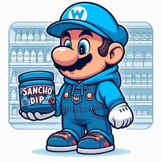 🫙 SANCHO DIP 卡通, 角色, 蘸酱, 食物, 蓝色 telegram sticker