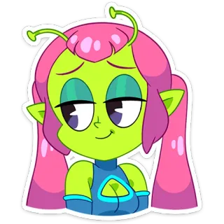 ☺️ Alien, Desenho animado, Verde, Cabelo rosa, Bonito, Feminino, Sorrindo, Espaço telegram sticker