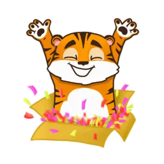 😁 tygrys, zwierzę, niespodzianka, święto, słodki, pudełko, konfetti, pomarańczowy, szczęśliwy telegram sticker