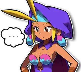 😐 Shantae videospiel, charakter, shantae, weiblich, cartoon, lila, denkend whatsapp sticker