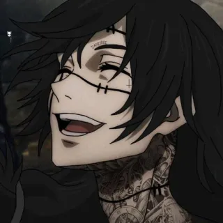 🖤 Аниме, Персонаж, Тату, Темные волосы, Улыбка, Черно-белое telegram sticker