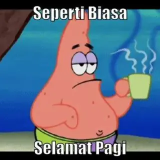 😐 Patrick Star SpongeBob SquarePants Seperti Biasa
Selamat Pagi Patrick Étoile, Bob l'éponge, dessin animé, bonjour, café, matin whatsapp sticker