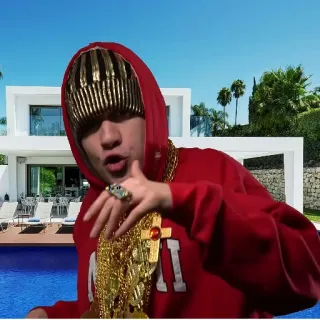 😎 hombre, sudadera roja con capucha, cadena de oro, lujo, piscina, casa whatsapp sticker
