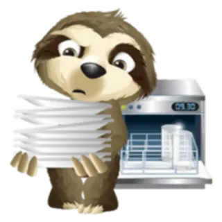 🍽 bicho-preguiça, animal, desenho animado, lava-louças, louça, limpeza whatsapp sticker