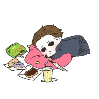 🤤 Michael Myers Halloween ホラー, ハロウィン, マイケル・マイヤーズ, ちび, ナイフ, ドーナツ, スナック, 休憩 telegram sticker