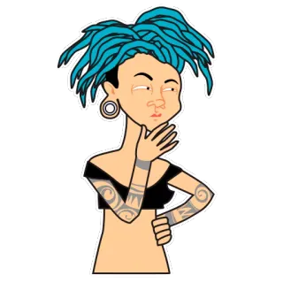 😑 Frau, denken, Cartoon, blaue Haare, Piercing, Tattoo, Person, Zeichnung telegram sticker