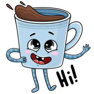 👋 Hi! café, tasse, dessin animé, salutation, salut, boisson, breuvage whatsapp sticker