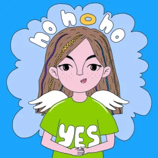😇 ho ho ho YES นางฟ้า, เด็กผู้หญิง, การ์ตูน, น่ารัก, รัศมี, ใช่, บวก telegram sticker