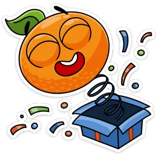 🥳 orange, fruit, box, surprise, cartoon, confetti, celebration, sticker telegram sticker