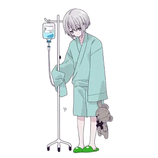 🤧 doente, hospital, soro, médico, ursinho de pelúcia, pijama, anime, triste whatsapp sticker