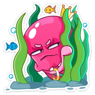 😡 octopus, sea, crown, fish, seaweed, cartoon telegram sticker