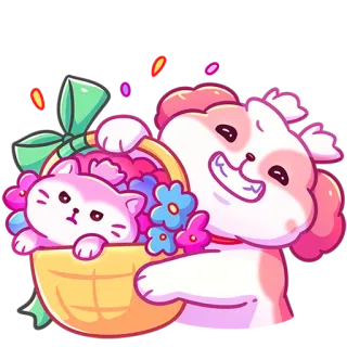 🥳 고양이, 개, 바구니, 꽃, 귀여운, 카와이 telegram sticker