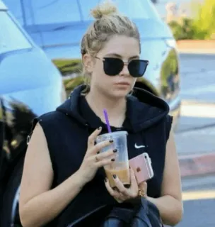 🦌 woman, sunglasses, coffee, casual wear, blonde, street style, portrait telegram sticker