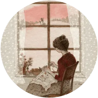 😌 Frau, Nähen, Fenster, Illustration, Innen, Zuhause, Kunst whatsapp sticker