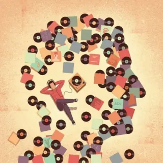 🎵 musique, vinyle, disques, casque, platine, écoute, détente, personne telegram sticker