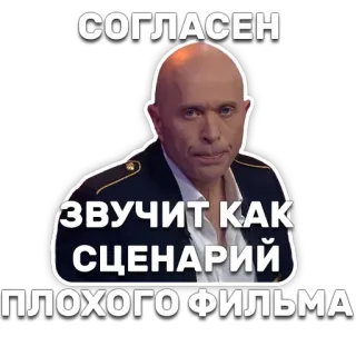 🎬 СОГЛАСЕН
ЗВУЧИТ КАК СЦЕНАРИЙ ПЛОХОГО ФИЛЬМА man, bald, russian, agree, sounds like bad movie, agreement, meme telegram sticker