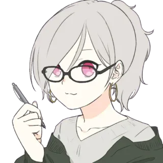 🙂 fille anime, lunettes, femme, personnage, dessin, cheveux gris, stylo telegram sticker
