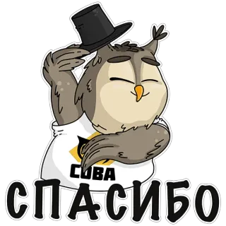 🙏 С П А С И Б О owl, thank you, cartoon, bird, hat whatsapp sticker