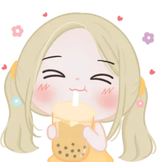 🍬 chica, bubble tea, kawaii, lindo, chibi, bebida, rubia, dibujos animados telegram sticker