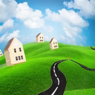 👁 landscape, houses, green hills, road, clouds, blue sky telegram sticker